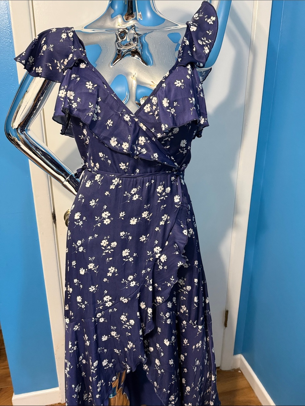 Altar'd State Navy Floral Wrap Dress with White Blossoms
